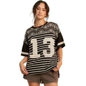 DAVI & DANI Black & White LACE 13 NUMBER PATCHES YOKE SHORT SLEEVE TOP